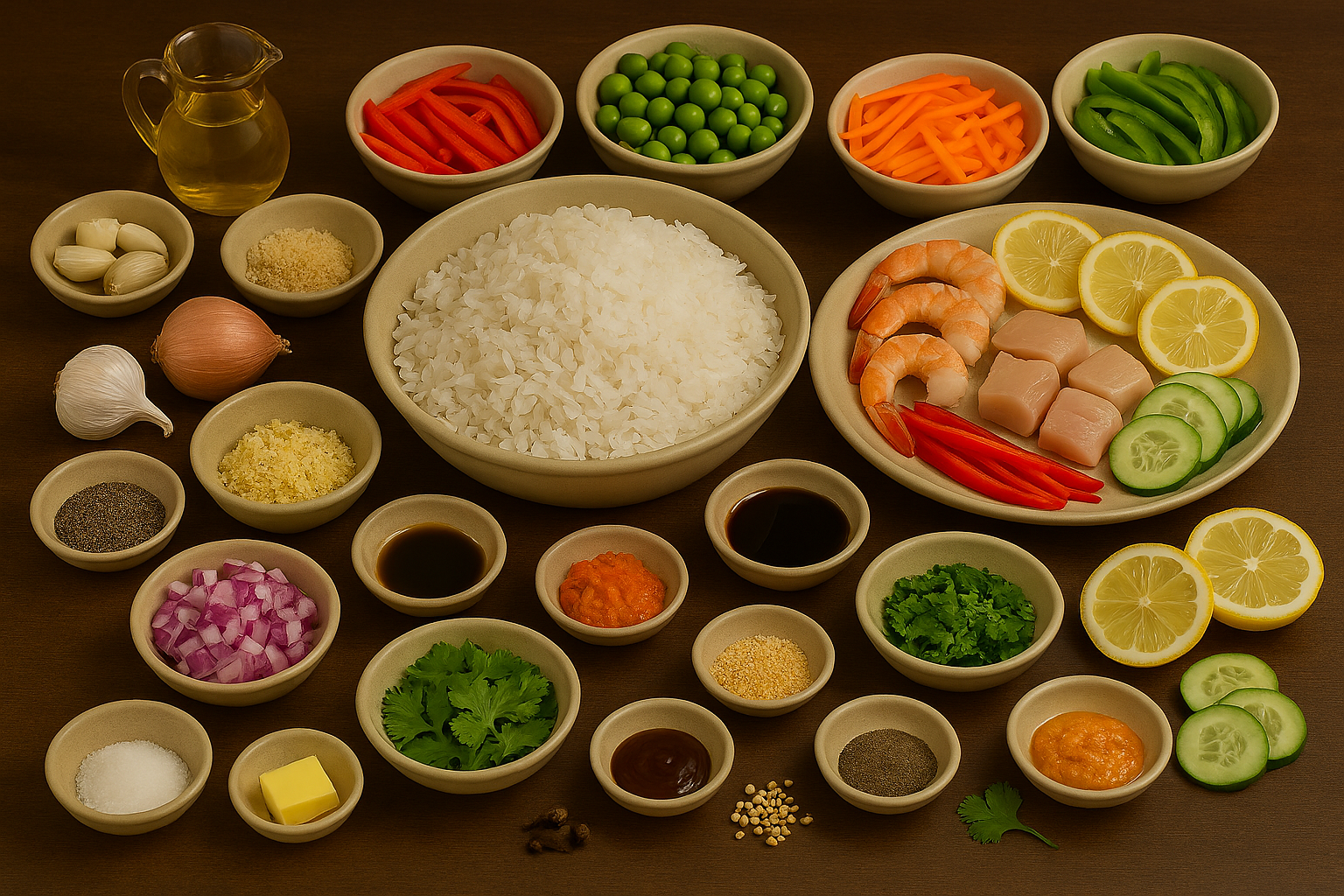 Mise en place perfecta de ingredientes para Yakimeshi: arroz frío en molde circular, camarones rosados alineados, pollo marinado en sillao, verduras cortadas en tazones de colores, huevos en tazón, especias en pequeños recipientes, y botellas de salsas nikkei organizadas