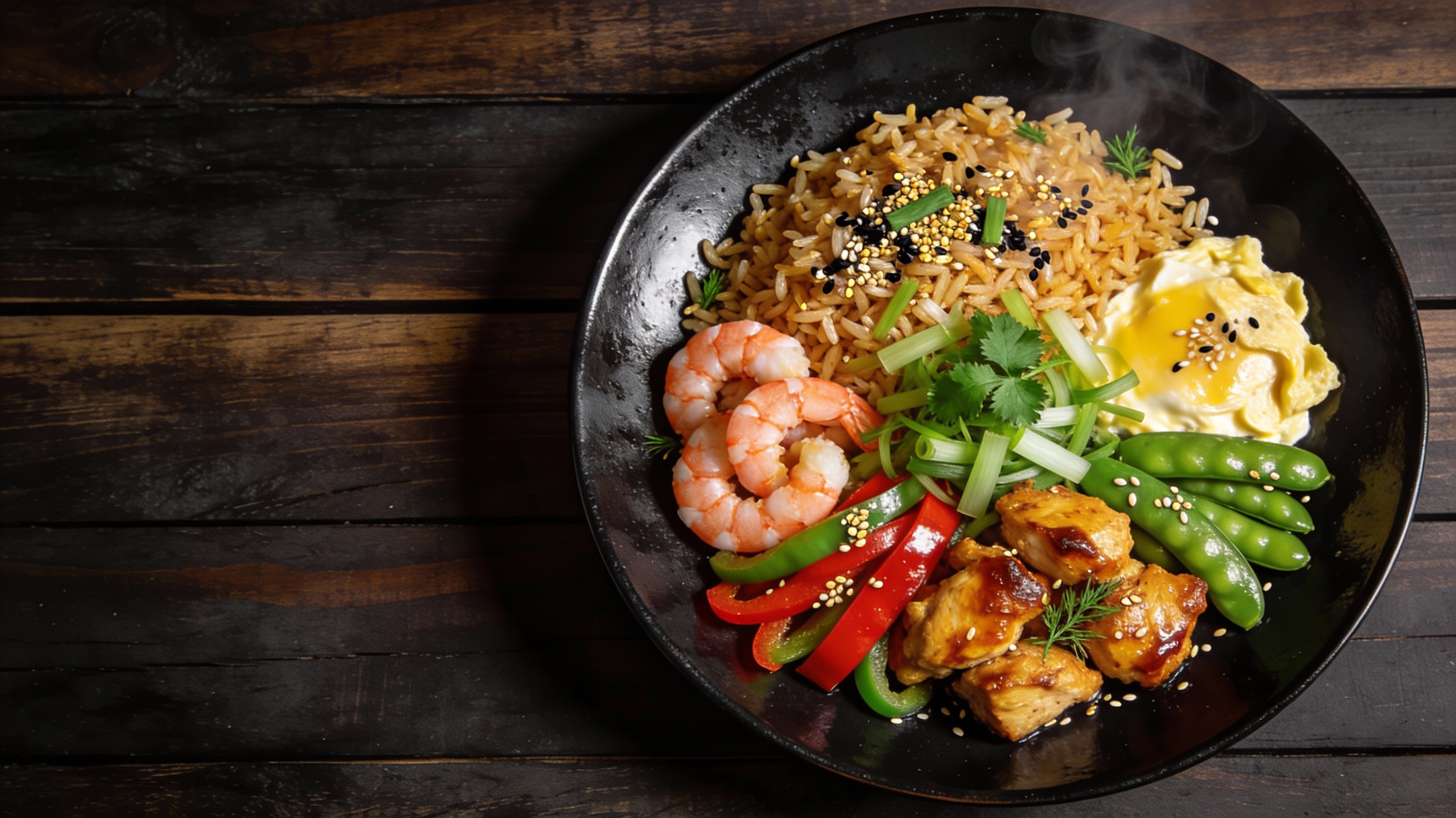 Vista aérea de Yakimeshi-Japonés servido en plato de cerámica negra, mostrando la vibrante combinación de arroz dorado, camarones rosados, pollo dorado, pimientos rojos y verdes, arvejas, huevo revuelto y abundante cebolla china fresca, decorado con semillas de sésamo tostado y ramitas de cilantro