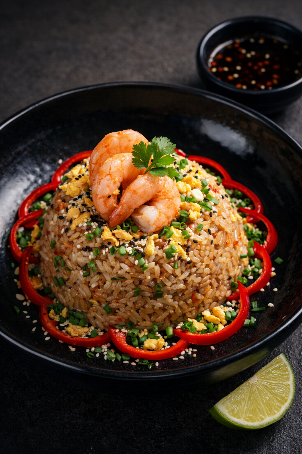 Yakimeshi presentado artísticamente en plato de cerámica negra lacada, con montículo de arroz decorado con camarones enteros en la cima, tiras de pimiento formando círculos concéntricos, huevo revuelto dorado espolvoreado, abundante cebolla china fresca, semillas de sésamo negro y blanco, y ramita de cilantro al centro, acompañado de cuenco pequeño con salsa adicional y gajo de limón decorativo
