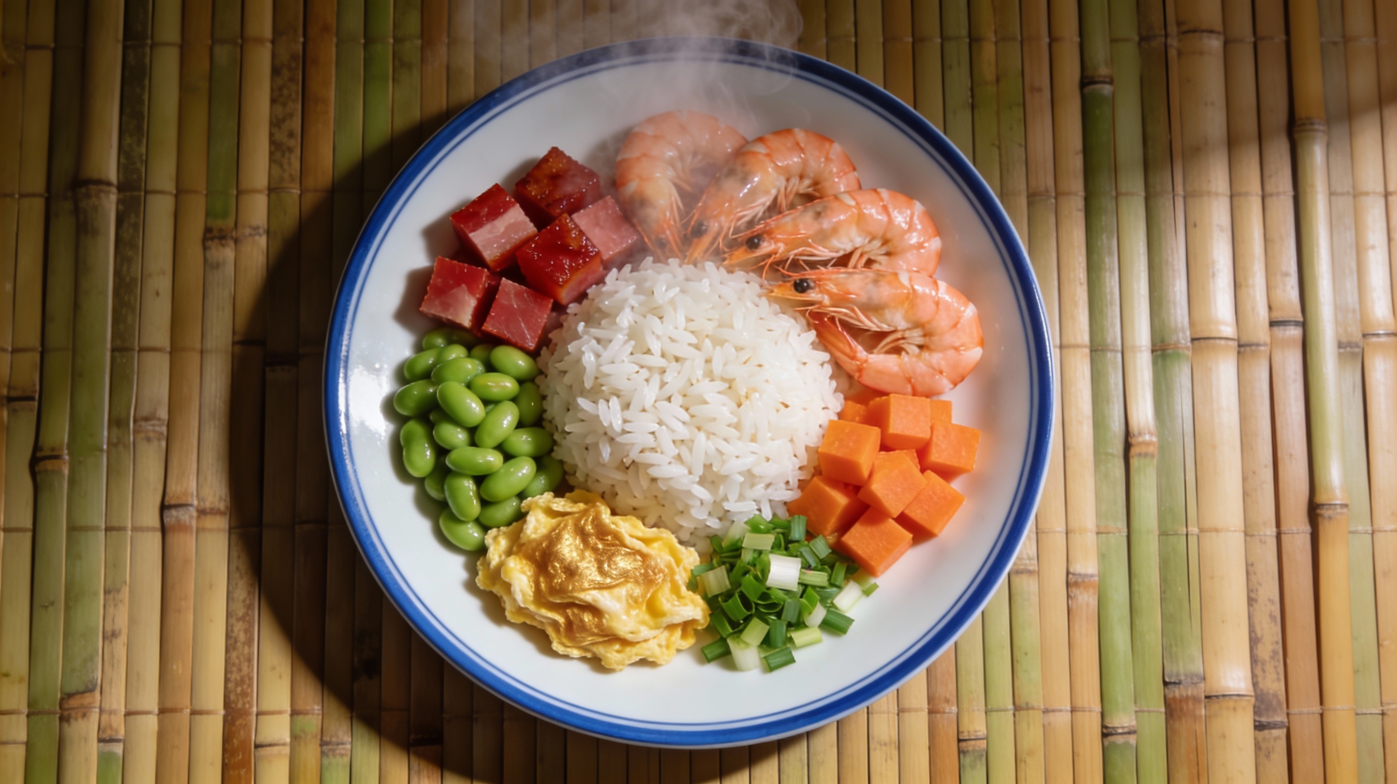 Yangzhou Fried Rice auténtico en plato de porcelana con camarones, jamón chino y guisantes