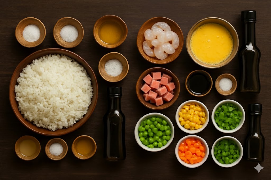Ingredientes auténticos para Yangzhou Fried Rice: arroz, camarones, jamón chino, guisantes