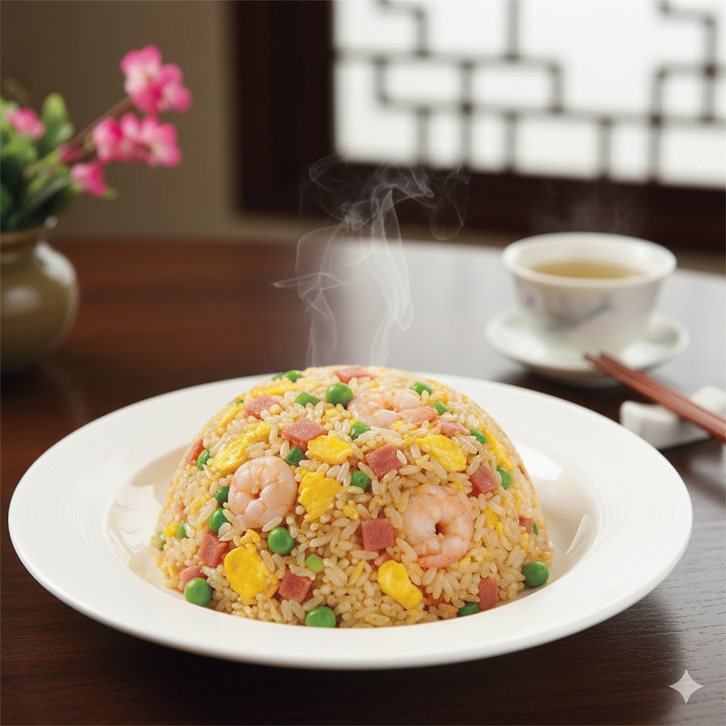 Yangzhou Fried Rice presentado elegantemente en porcelana blanca con decoración simple