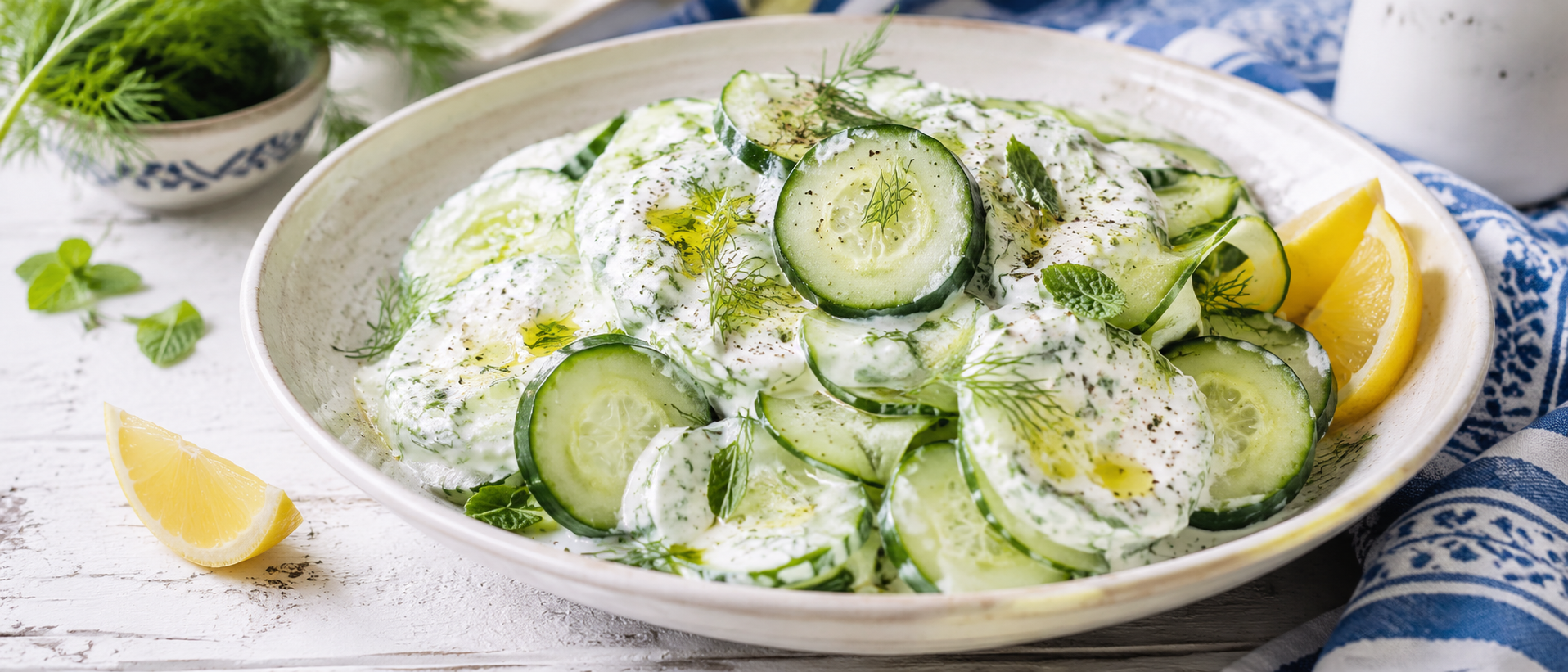 Ensalada de pepino con tzatziki, yogur griego, ajo, limón y hierbas frescas