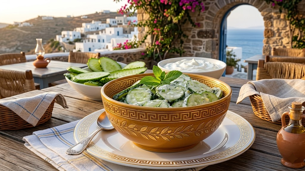 Ensalada de pepino con tzatziki servida con yogur griego, hierbas frescas y aceite de oliva