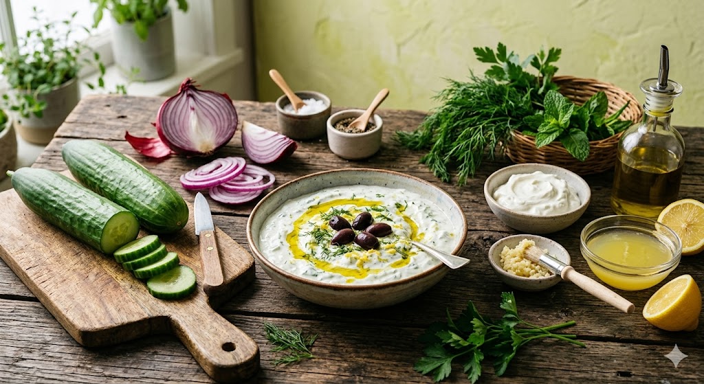 Ingredientes para preparar ensalada de pepino con tzatziki