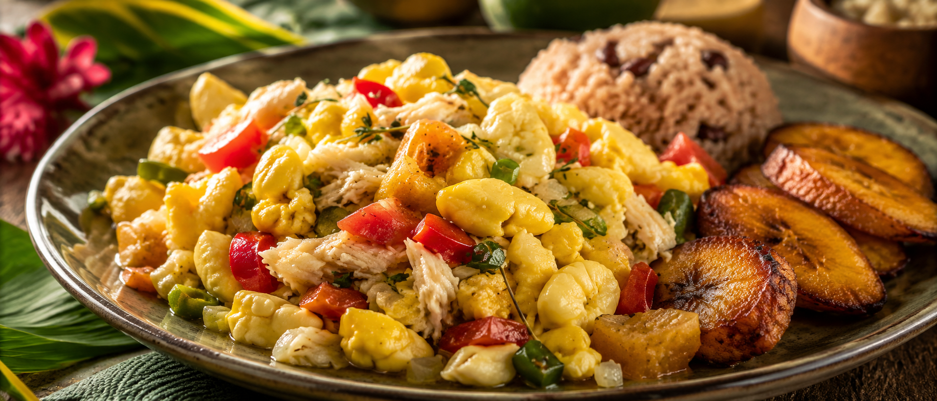 Ackee and saltfish jamaicano con bacalao salado, ackee, pimientos, tomate y plátano frito