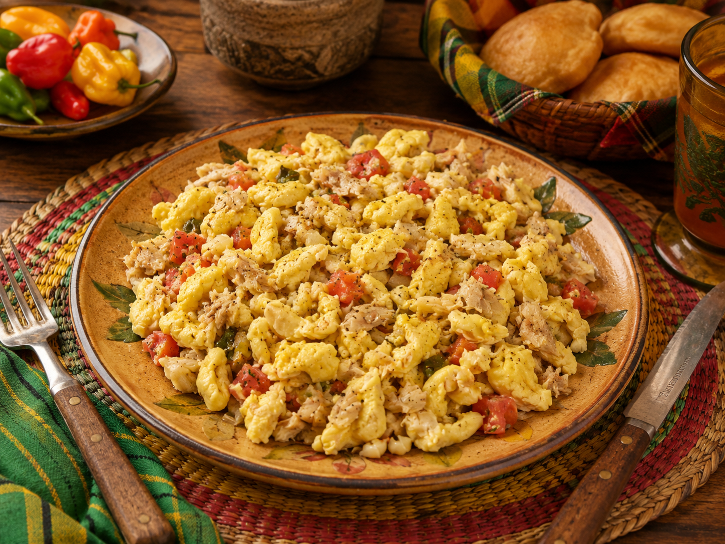 Ackee and saltfish jamaicano servido con plátano frito, verduras y lima