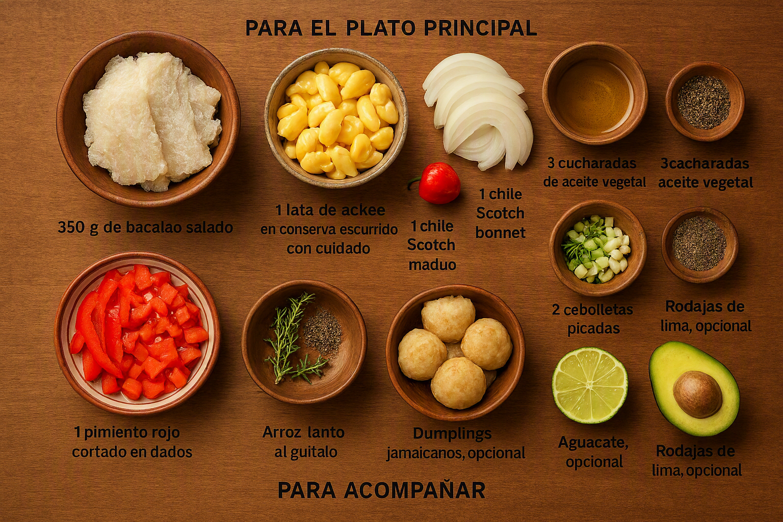 Ingredientes para preparar ackee and saltfish jamaicano