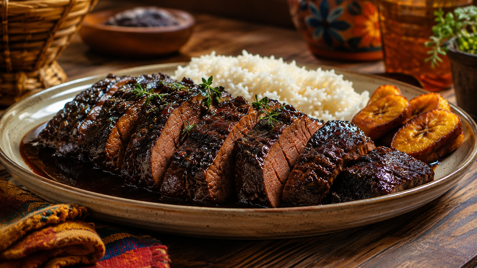 Asado negro venezolano con carne de ternera en salsa oscura de papelón, vino y ají dulce