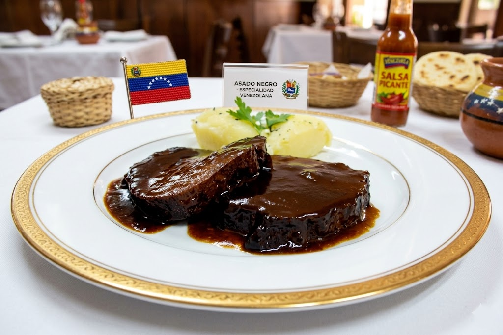 Asado negro venezolano servido en rodajas con salsa oscura, arroz blanco y tajadas de plátano maduro