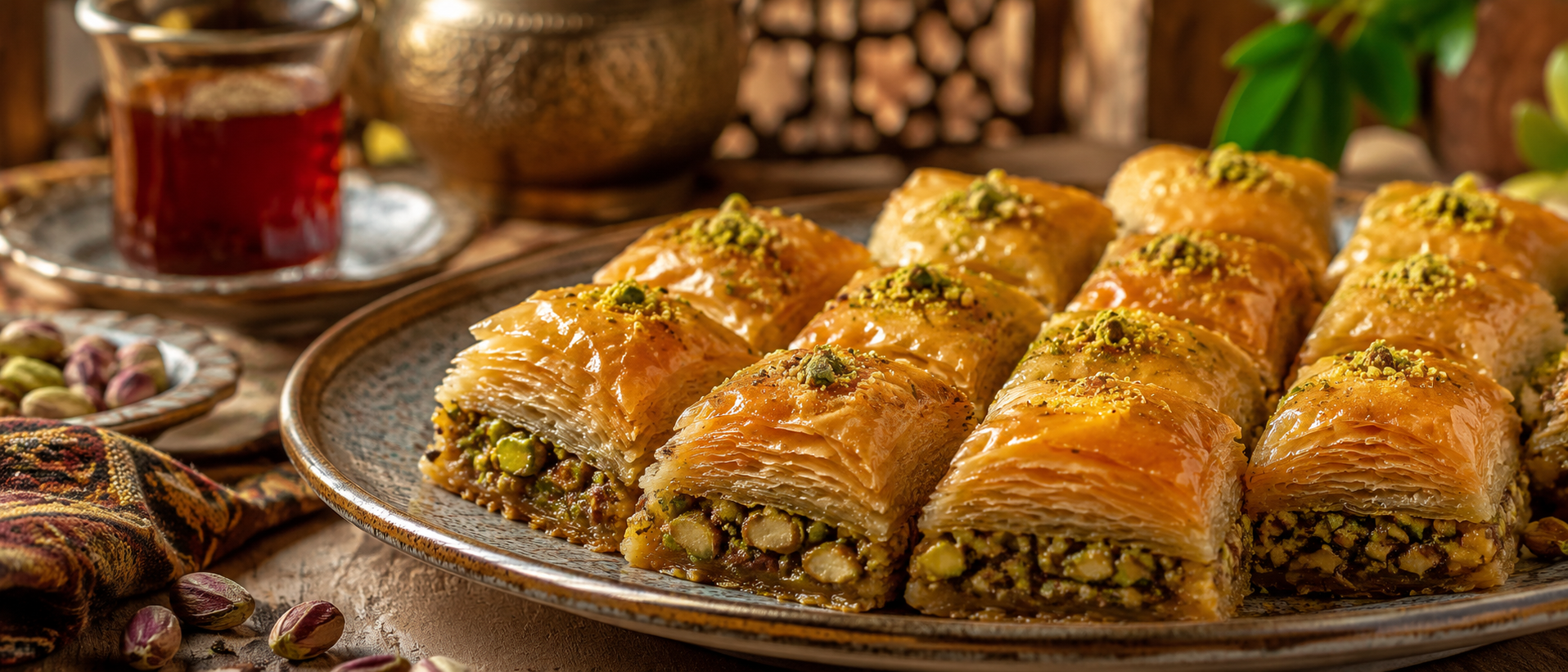 Baklava de Medio Oriente con masa filo crujiente, pistachos, nueces y almíbar