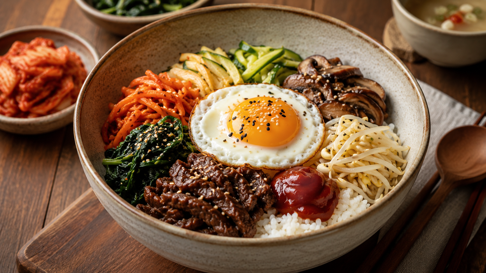 Bibimbap coreano con arroz, verduras salteadas, ternera marinada, huevo y salsa gochujang
