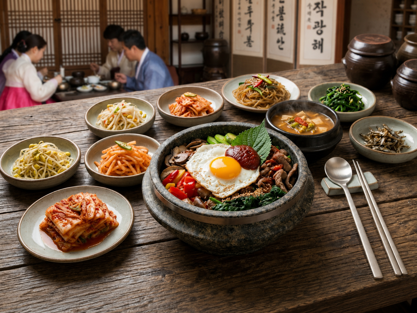 Bibimbap coreano servido en bol con arroz, verduras, ternera, huevo y salsa gochujang