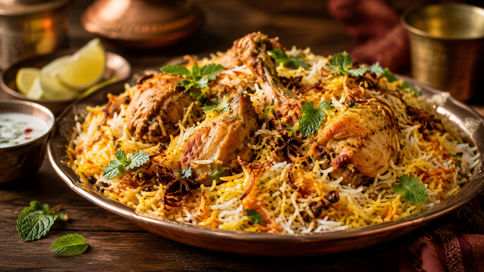 Biryani de pollo con arroz basmati especiado, pollo tierno, cebolla dorada y hierbas frescas