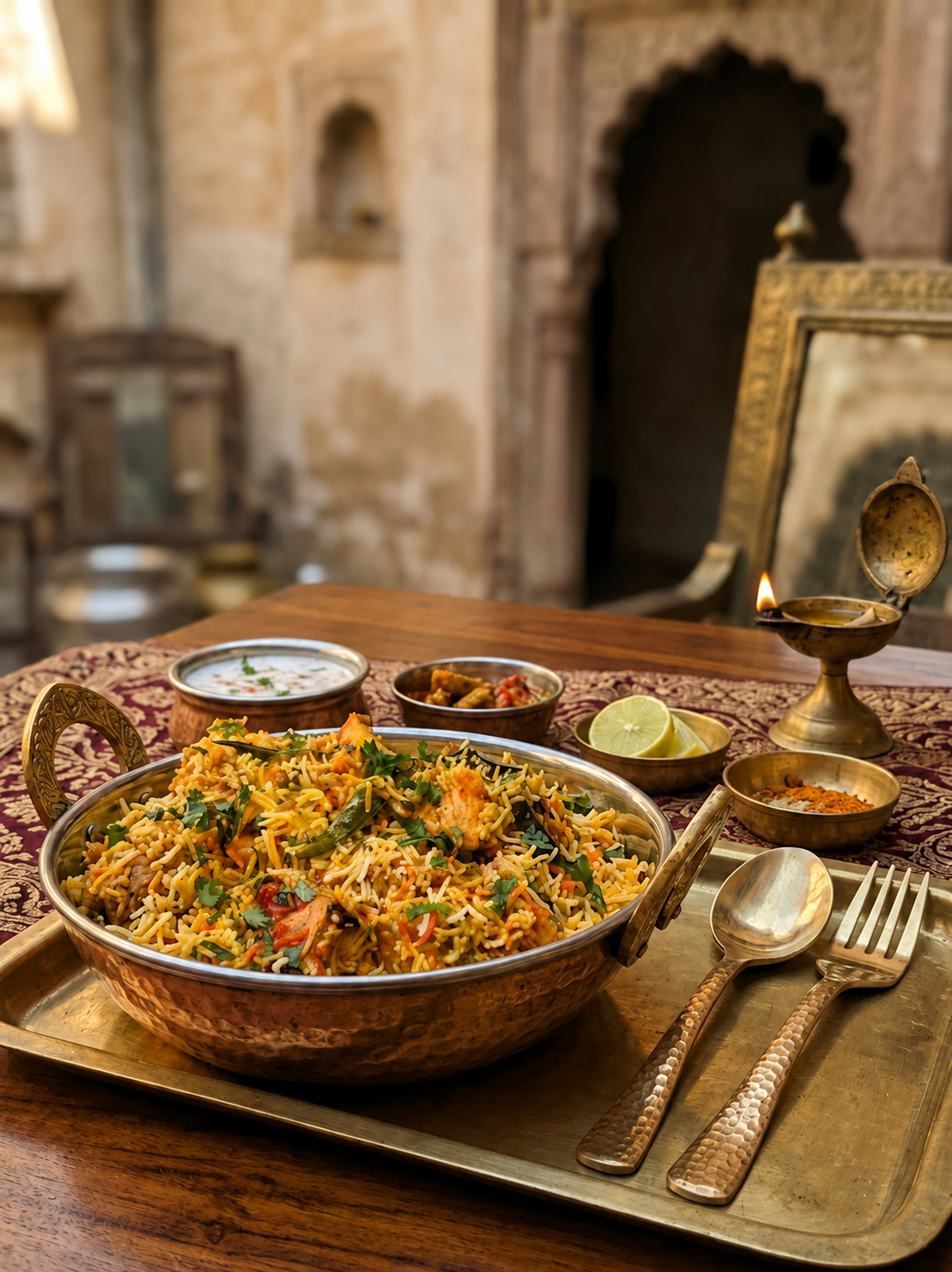 Biryani de pollo servido con arroz basmati especiado, pollo tierno, cebolla dorada y cilantro