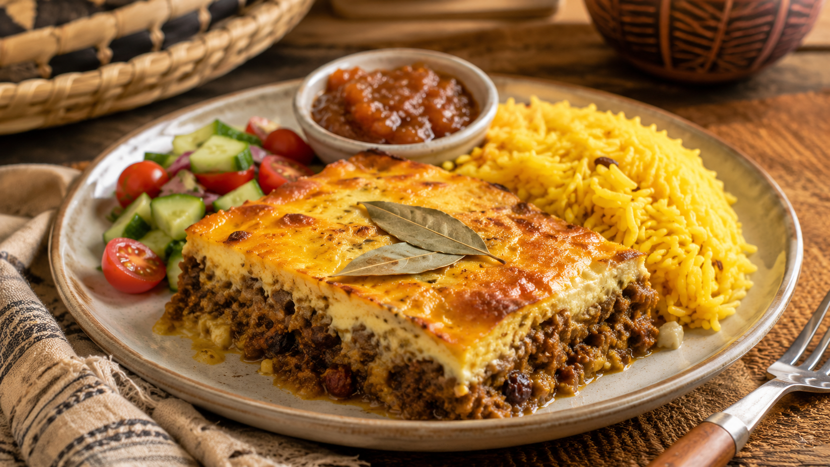 Bobotie sudafricano con carne especiada, cobertura de huevo y arroz amarillo
