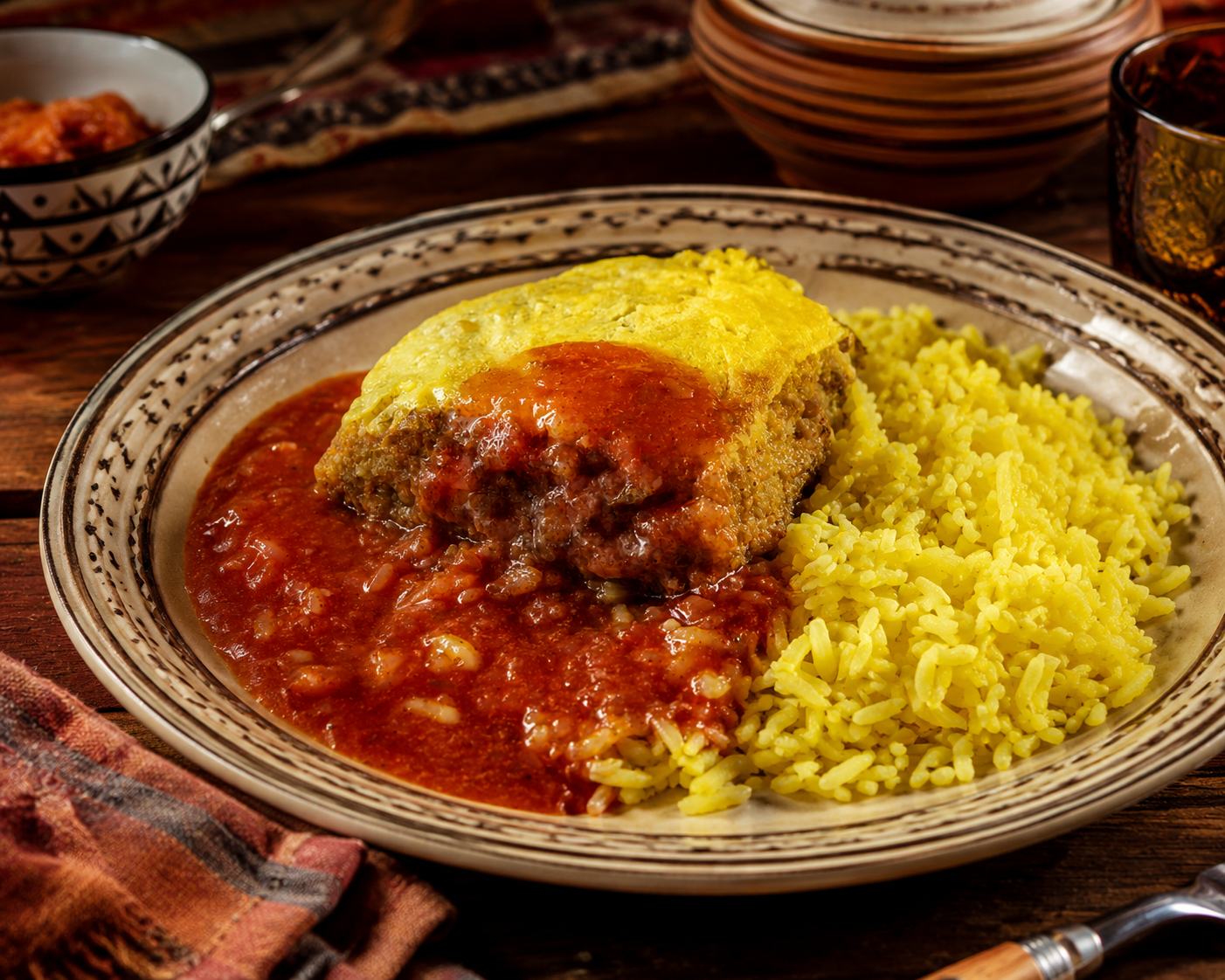 Bobotie sudafricano servido con arroz amarillo, chutney y ensalada fresca