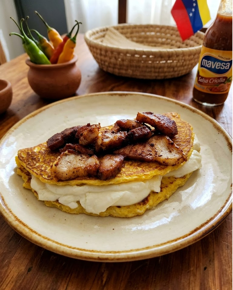 Cachapas venezolanas doradas rellenas de queso servidas calientes