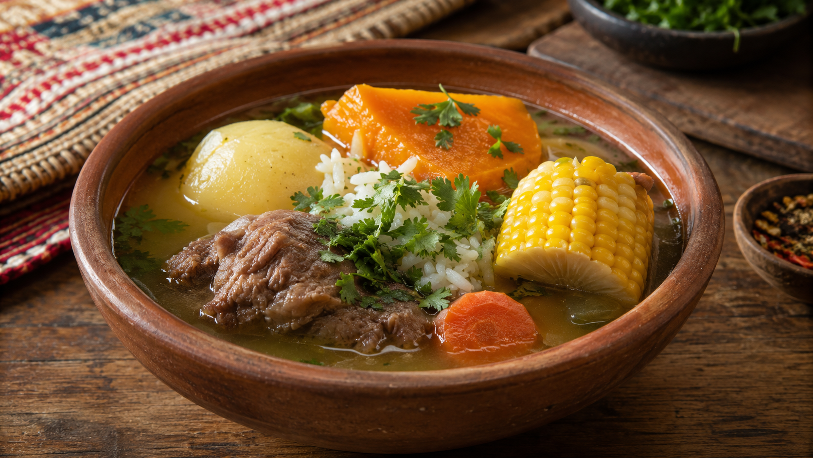 Cazuela chilena tradicional con carne, patata, maíz, zapallo y caldo casero