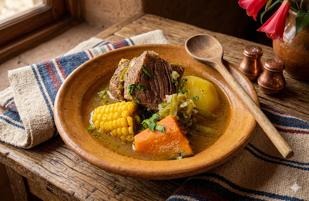 Cazuela chilena servida en plato hondo con carne, patata, maíz, zapallo y cilantro