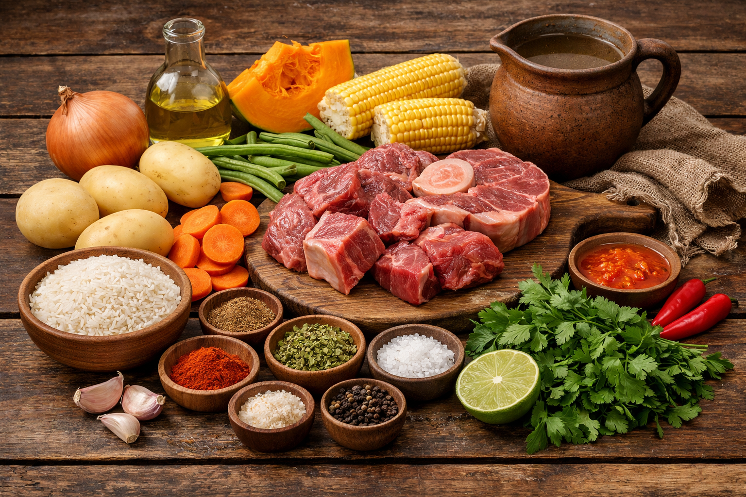 Ingredientes para preparar cazuela chilena tradicional