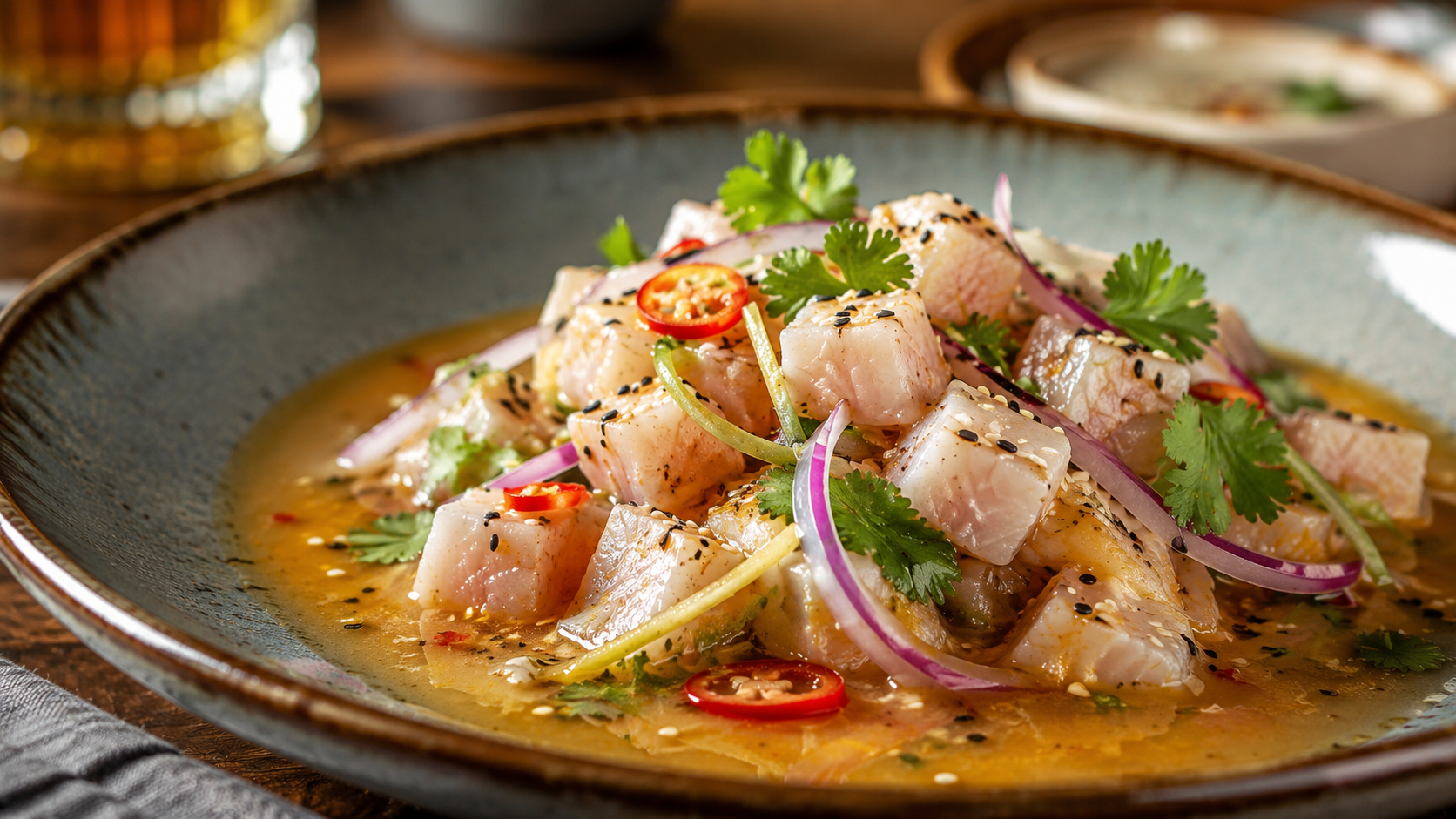 Ceviche nikkei de pescado fresco con lima, soja, ají amarillo y sésamo