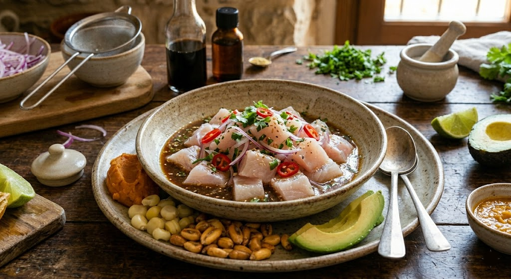 Ceviche nikkei servido con ají amarillo, soja, sésamo y cilantro