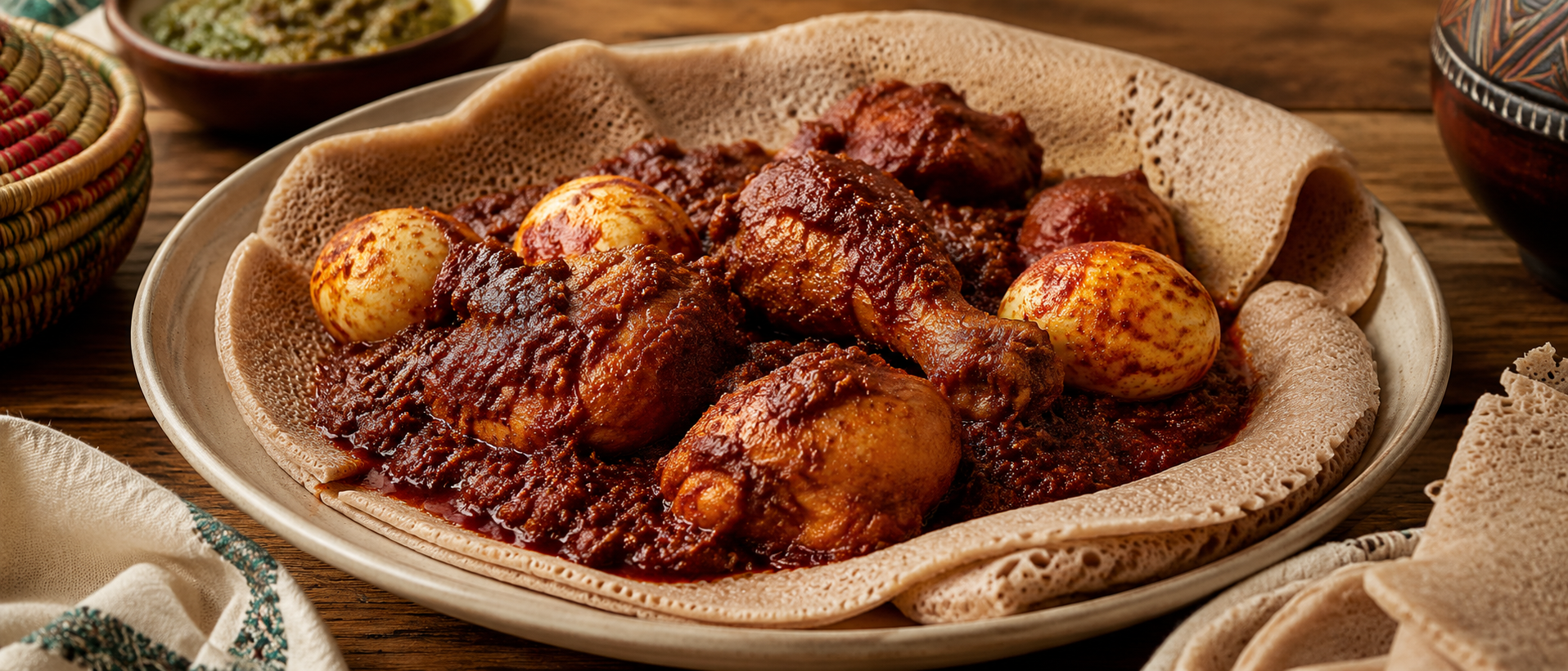 Doro wat etíope con pollo guisado en salsa berbere, huevo cocido e injera