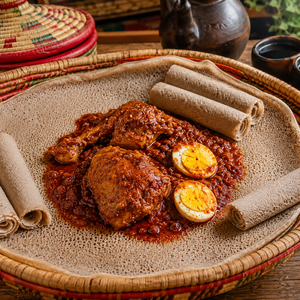 Doro wat etíope servido con pollo, huevo cocido, salsa berbere e injera