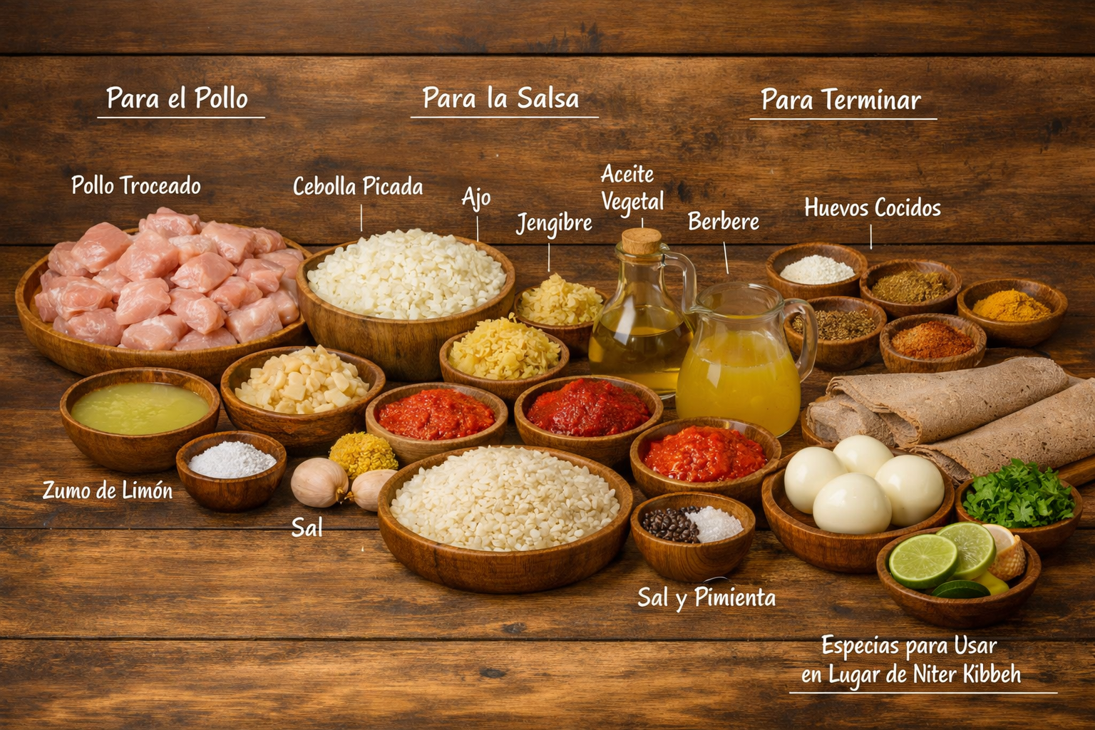 Ingredientes para preparar doro wat etíope