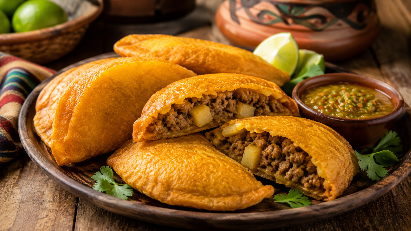 Empanadas colombianas de maíz rellenas de carne y patata servidas con ají colombiano