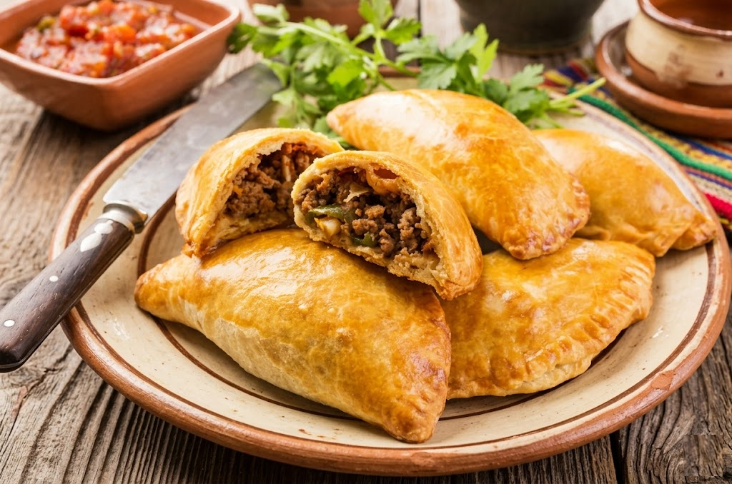 Empanadas colombianas doradas servidas con ají colombiano y lima