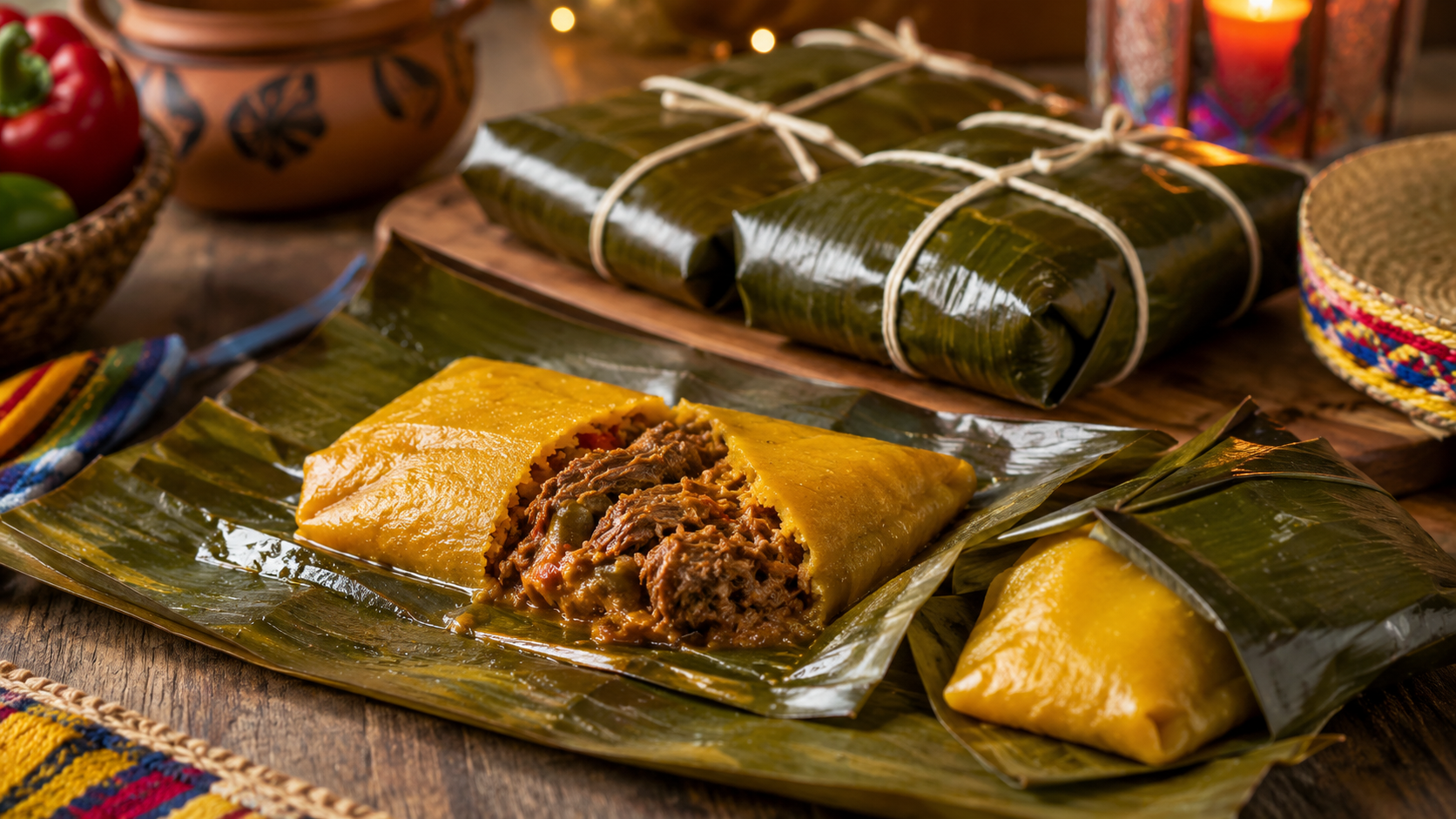 Hallacas venezolanas tradicionales envueltas en hojas de plátano con masa de maíz y guiso de carnes