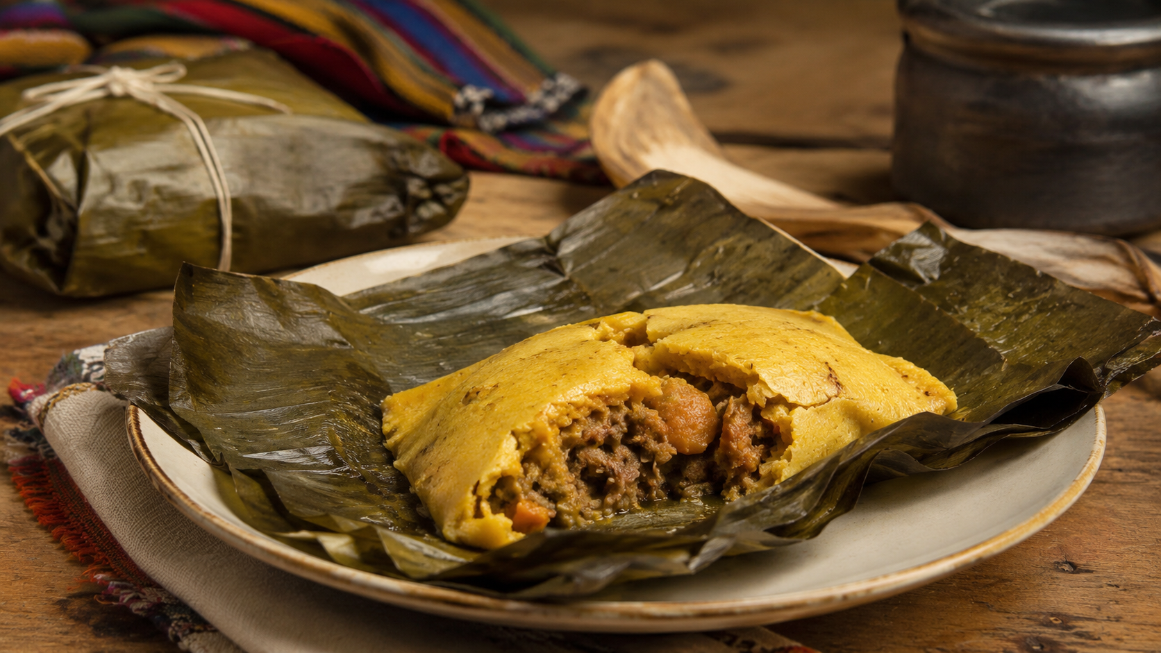 Hallacas venezolanas servidas abiertas sobre hoja de plátano con masa de maíz y guiso de carnes
