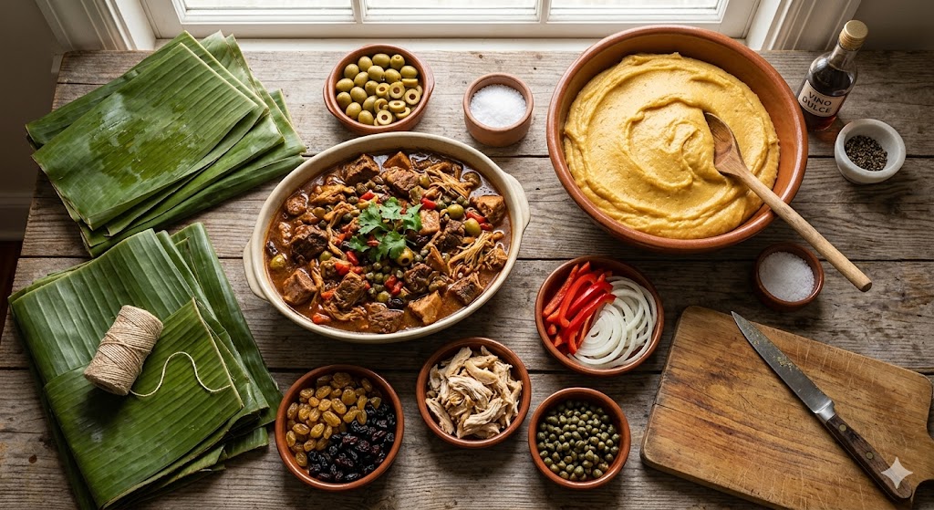 Ingredientes para preparar hallacas venezolanas tradicionales