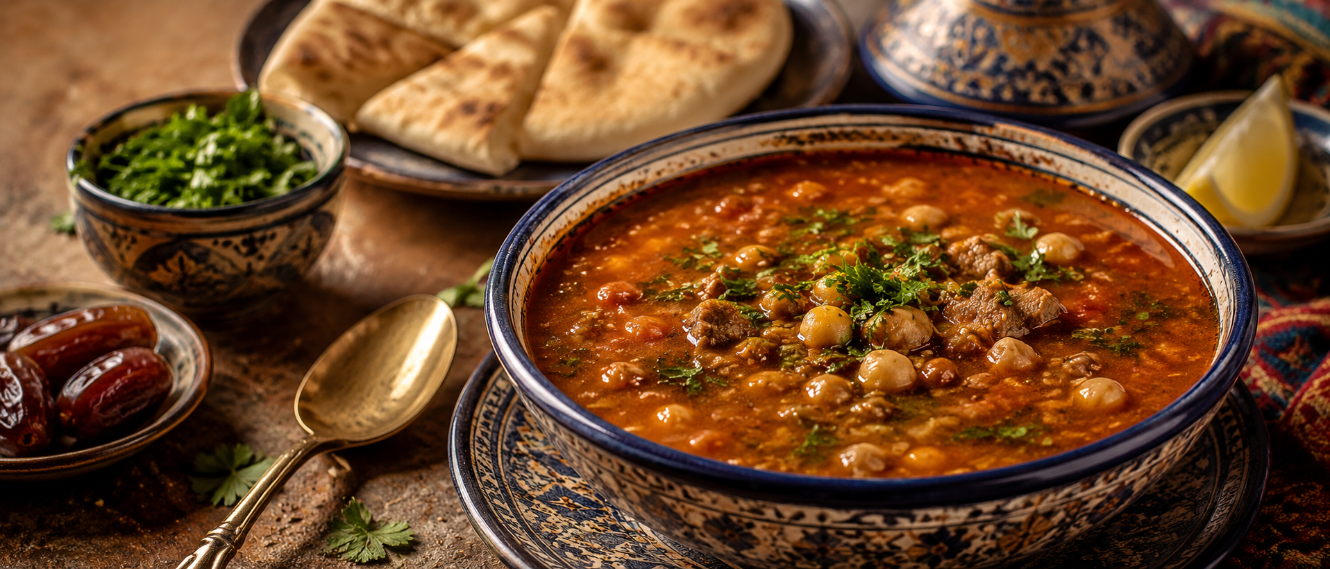 Harira marroquí con garbanzos, lentejas, tomate, carne, hierbas frescas y limón