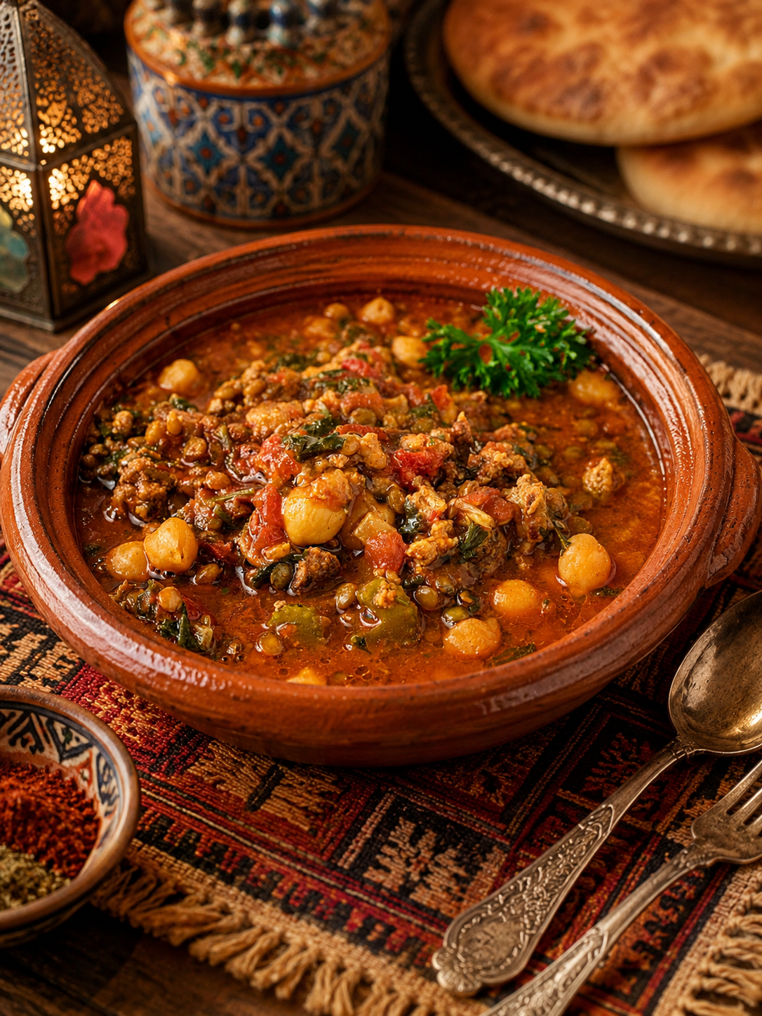 Harira marroquí servida con garbanzos, lentejas, tomate, hierbas frescas y limón