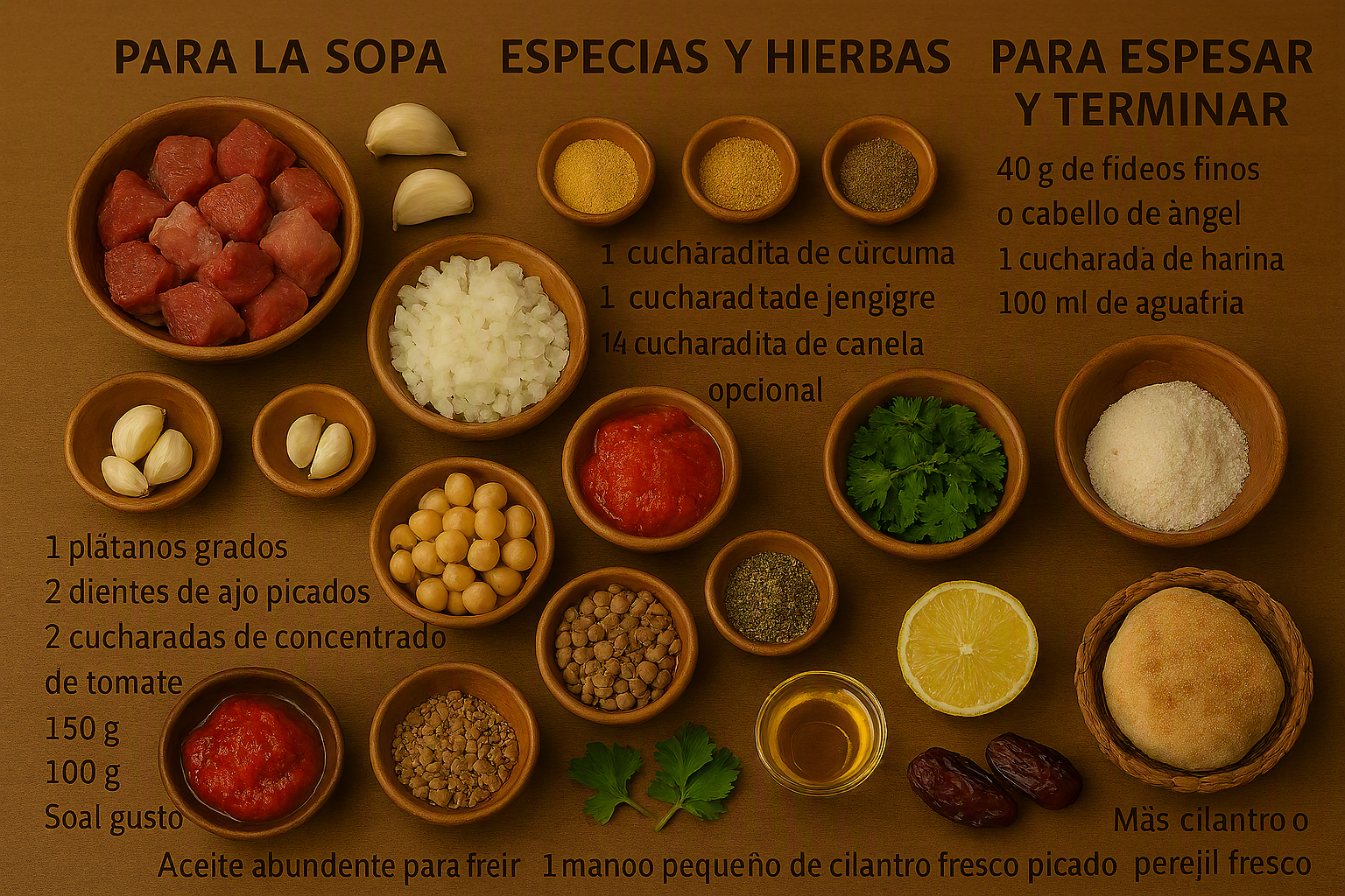 Ingredientes para preparar harira marroquí