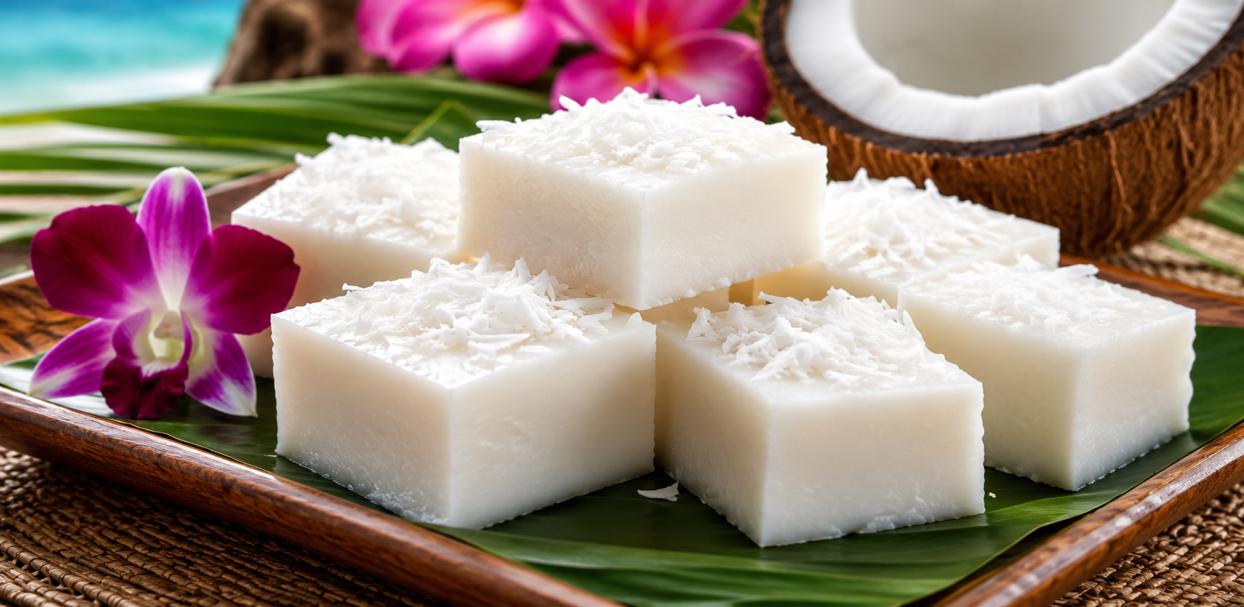 Haupia hawaiana de coco cortada en cuadrados y servida con coco rallado
