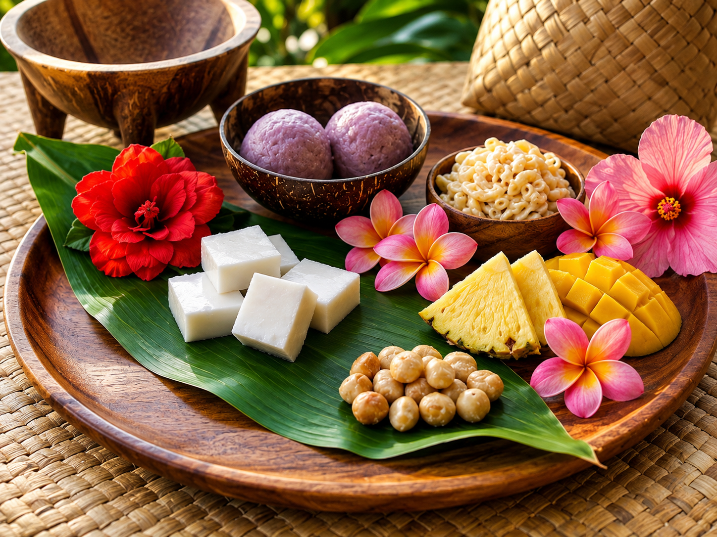 Haupia hawaiana servida en cuadrados con coco rallado y fruta tropical