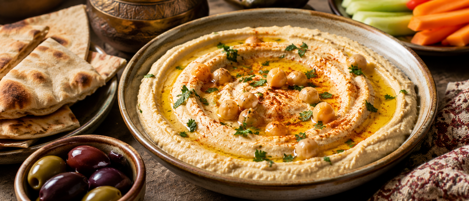 Hummus clásico de Medio Oriente con garbanzos, tahini, aceite de oliva, pimentón y pan pita