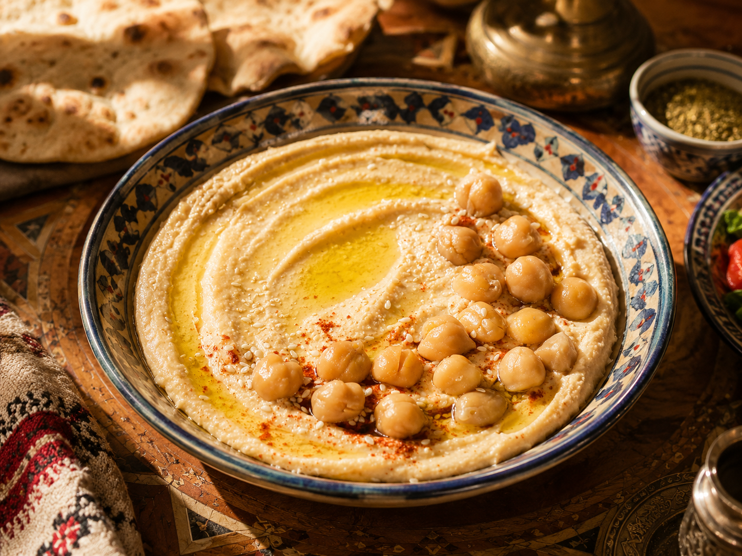 Hummus clásico servido con aceite de oliva, pimentón, garbanzos y pan pita