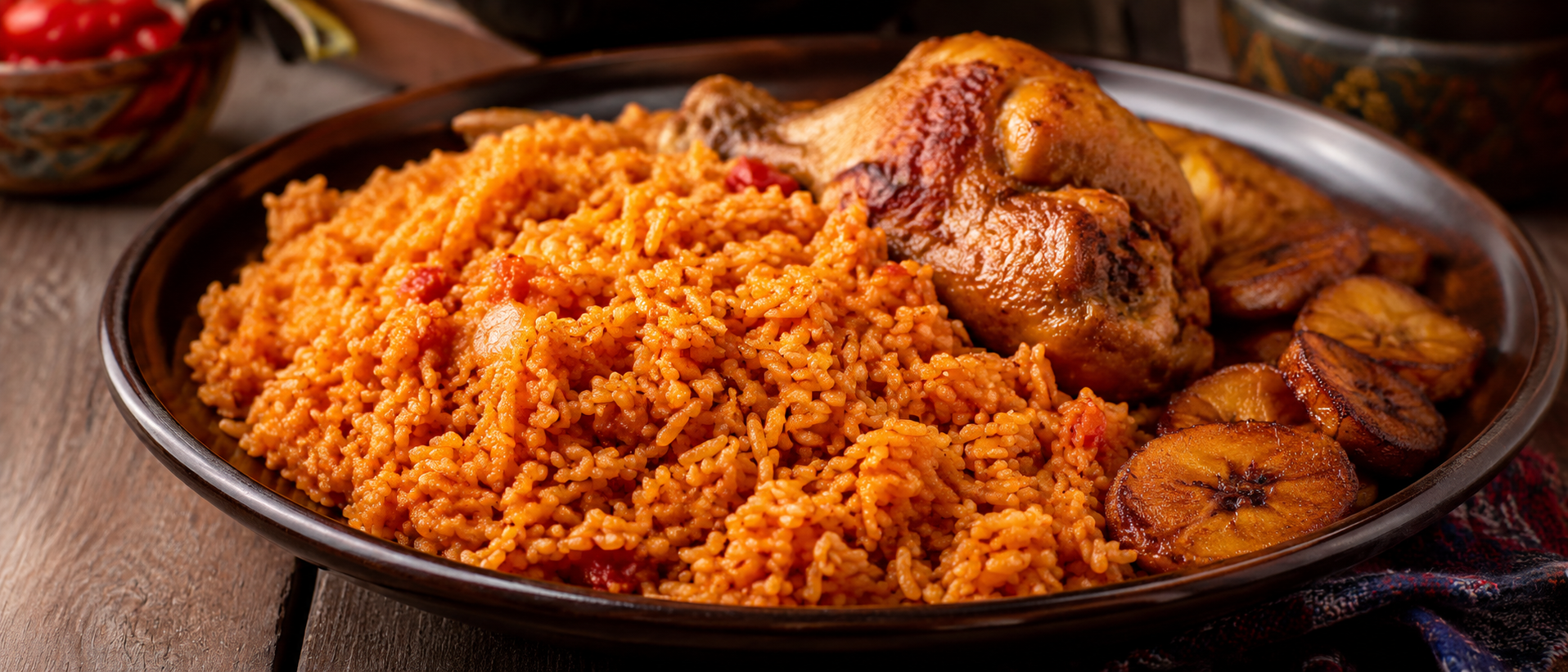 Jollof rice de África occidental con arroz rojo especiado, verduras y pollo