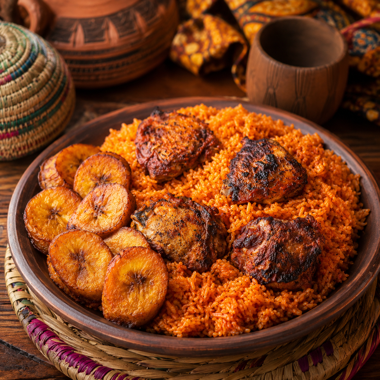 Jollof rice servido con arroz rojo especiado, pollo dorado y plátano macho