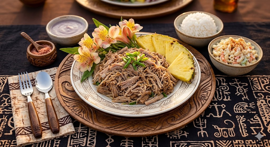 Kalua pork hawaiano servido con arroz blanco, col y piña fresca