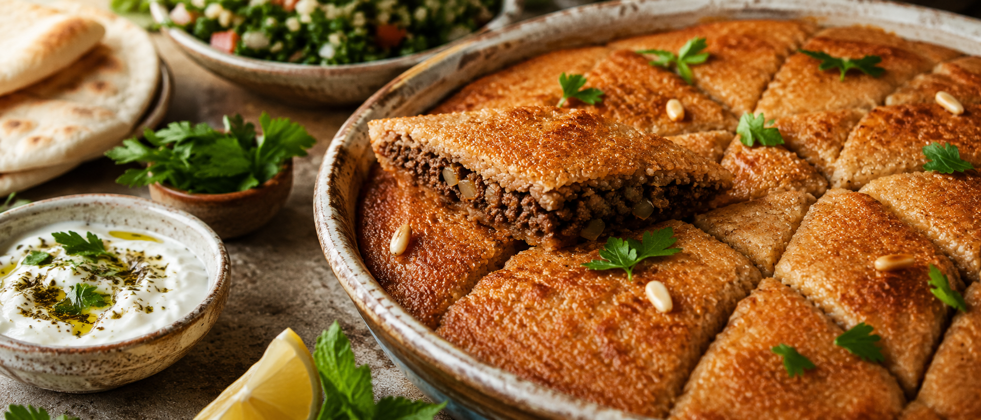 Kibbeh de Medio Oriente con bulgur, carne especiada, relleno y yogur