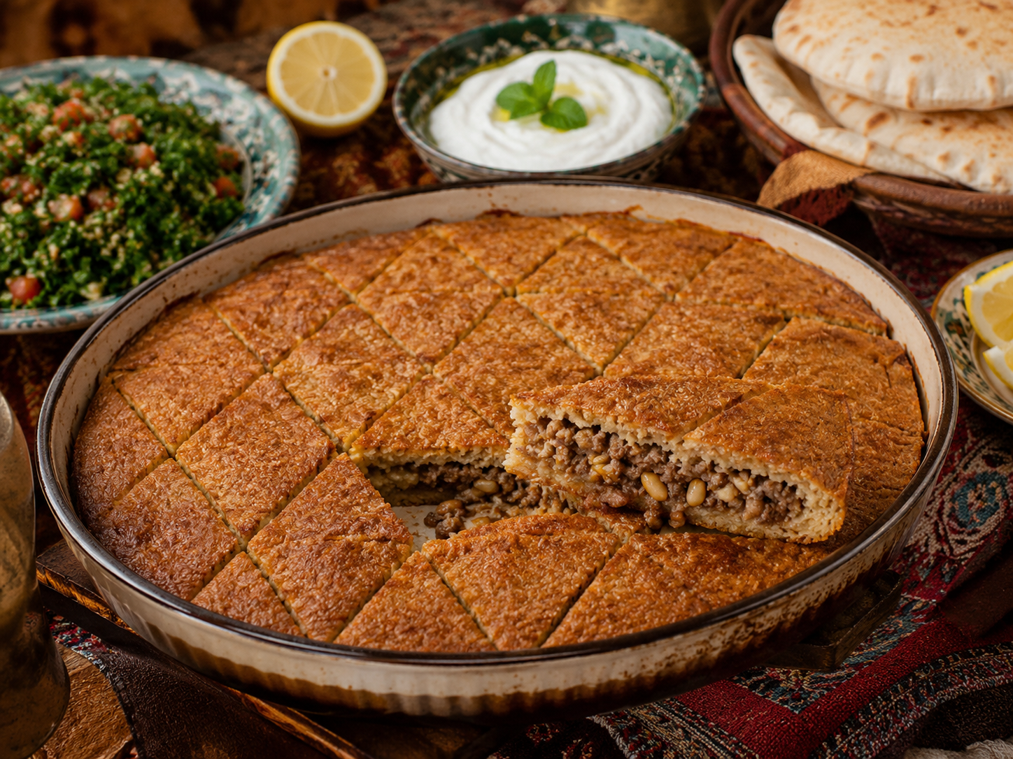 Kibbeh al horno cortado en rombos, servido con yogur, limón, pan pita y ensalada fresca