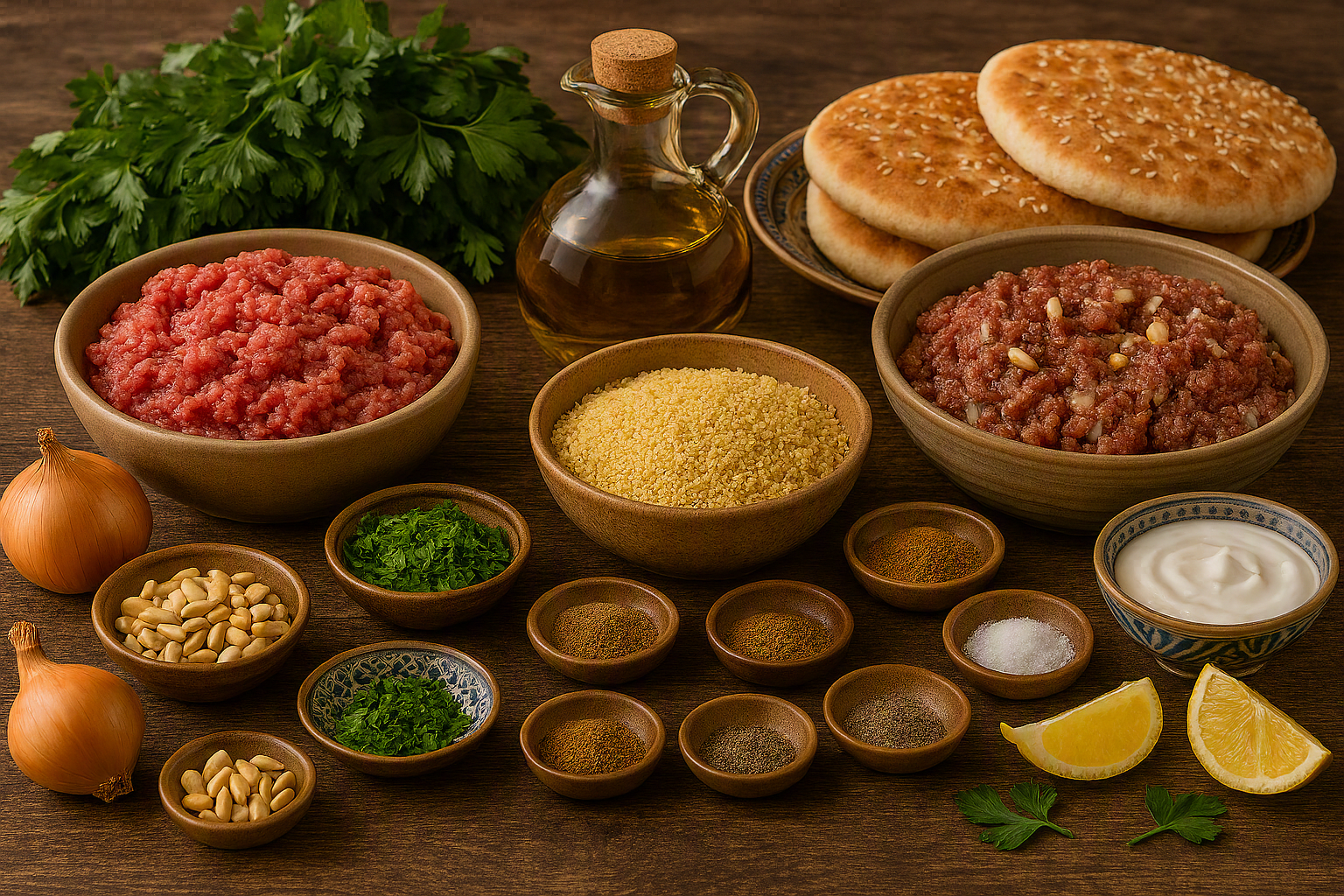 Ingredientes para preparar kibbeh de Medio Oriente