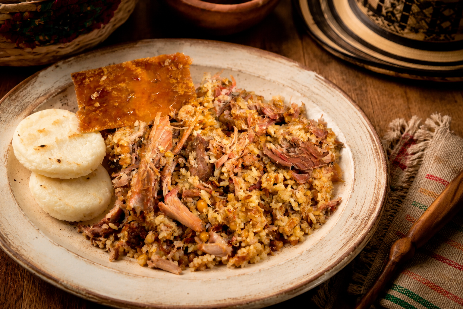 Lechona tolimense servida con arroz, arvejas, carne de cerdo, piel crujiente y arepa