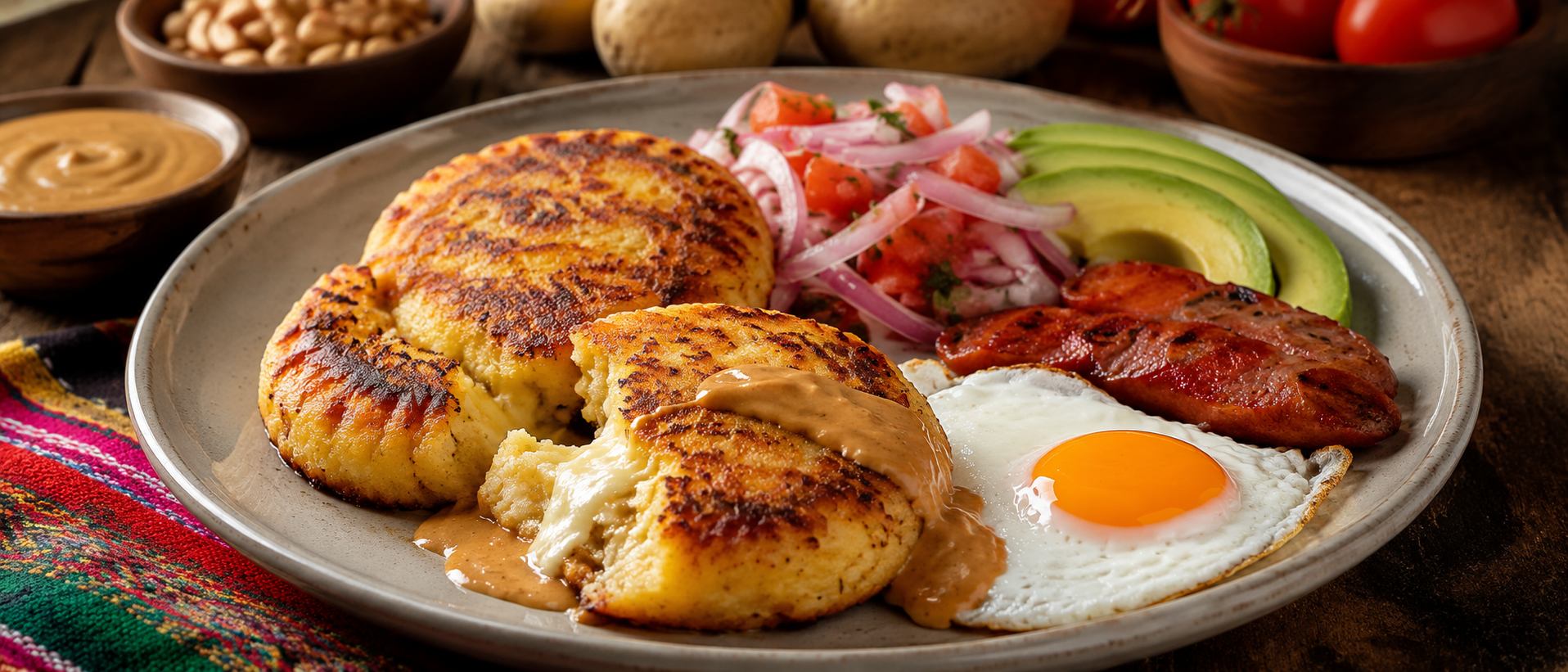 Llapingachos ecuatorianos dorados con queso, huevo, chorizo, aguacate y salsa